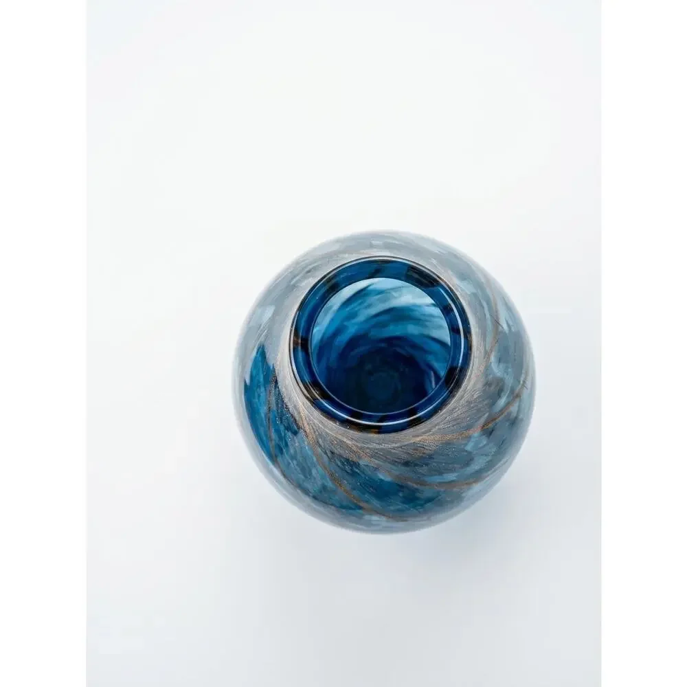 Vintage Hand Blown Blue Art Glass Vase Copper Gold Aventurine Swirl Teardrop 11